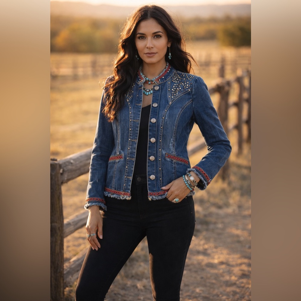 Reba Studded Denim Jacket Womens Medium Western Fringe Trim Boho